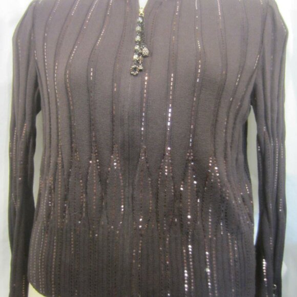 ST JOHN EVENING brown knit jacket top beads sparkle Women 6